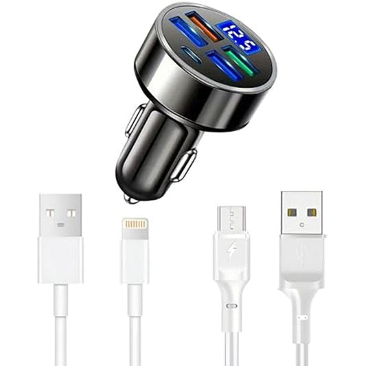 1pack Fast Charge USB C Car Cell Phone Charger 15.5w Adapter 5 in 1 with Voltage Display Multi Port USB Charge for iPhone 16 15 14 13 12 11 Samsung Galaxy Huawei 1head,1USB-C,1USB-L