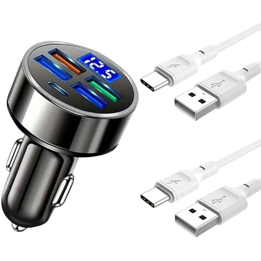 1pack Fast Charge USB C Car Cell Phone Charger 15.5w Adapter 5 in 1 with Voltage Display Multi Port USB Charge for iPhone 16 15 14 13 12 11 Samsung Galaxy Huawei 1head,2USB-C