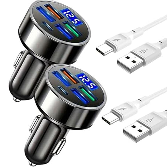 Fast Charge USB C Car Cell Phone Charger 5V3.1A Adapter 5 in 1 with Voltage Display Multi Port USB Charge for iPhone 16 15 14 13 12 11 Samsung Galaxy Huawei Oneplus Oppo Vivo 2head,2USB-C